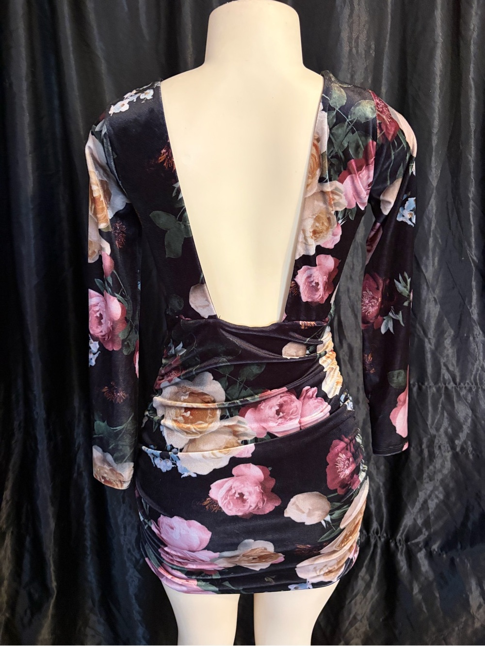 Emerald Sundae Black Floral Velvet Open-Back Mini Dress